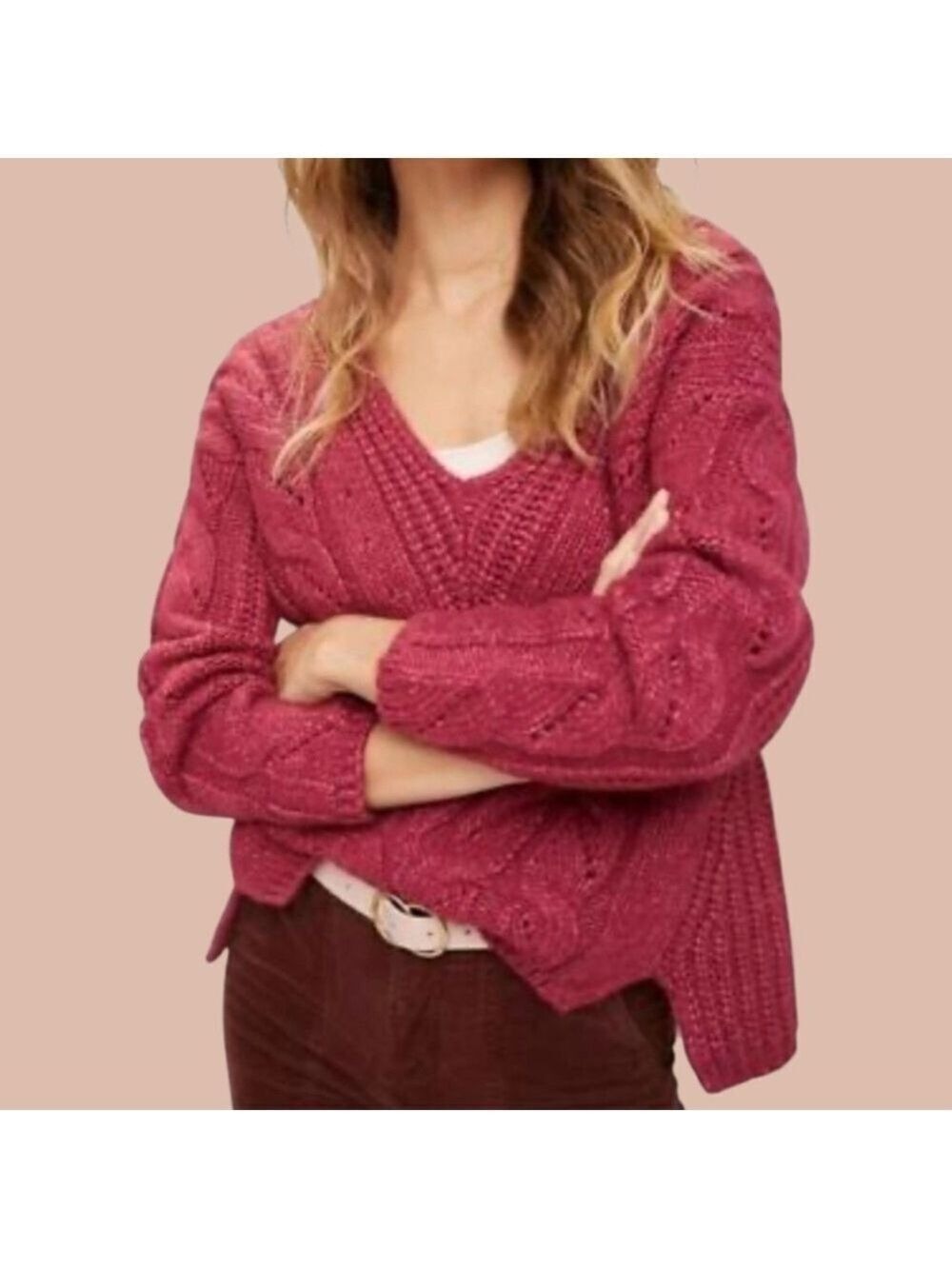 ANTHROPOLOGIE Acrylic Nylon Alpaca Blend Ramona Cable Knit V-Neck Sweater Sz S